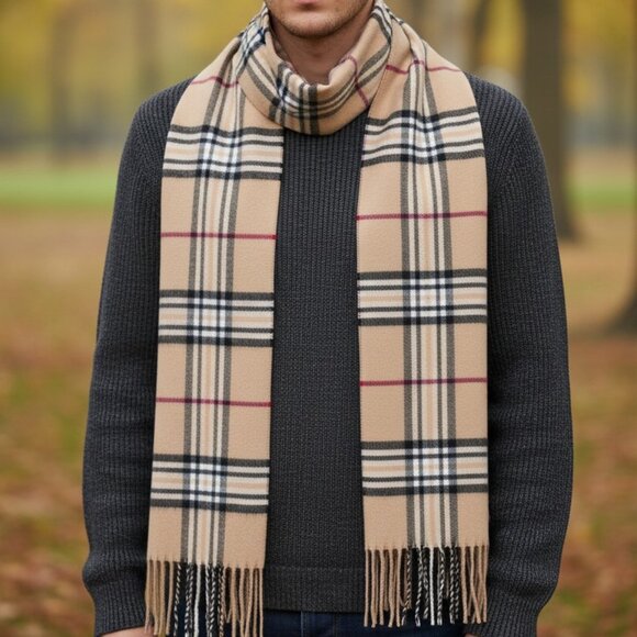 2/$30 Classic Tan Beige Plaid Tartan Scarf Cashmere Feel Fringe Winter Wrap Men - Picture 1 of 5